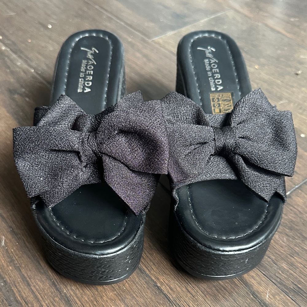 Black Wedge Slide Sandals with Bow Accent - Picture 2 of 3